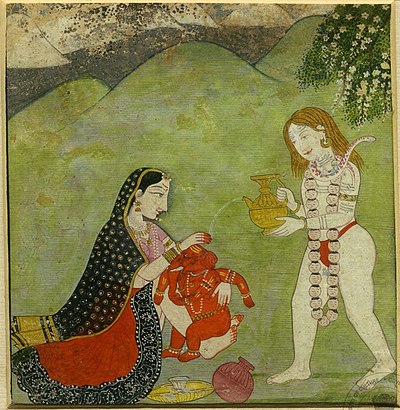Parwati dan Siwa memandikan Ganesa. Sebuah lukisan dari Kangra, dibuat sekitar abad ke-18.