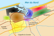 Légende :Dunkerque-Centre et Glacis-Victoire[Note 3], Dunkerque-Sud, Malo-les-Bains, Rosendaël, Petite-Synthe, Grand Port Maritime de Dunkerque[Note 4], Saint-Pol-sur-Mer et Fort-Mardyck.