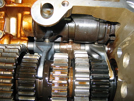 Motorcycle transmission showing cylindrical cam with three followers. Each follower controls the position of a shift fork.