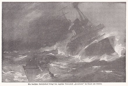 German depiction of the sinking of HMS Formidable by SM U-24