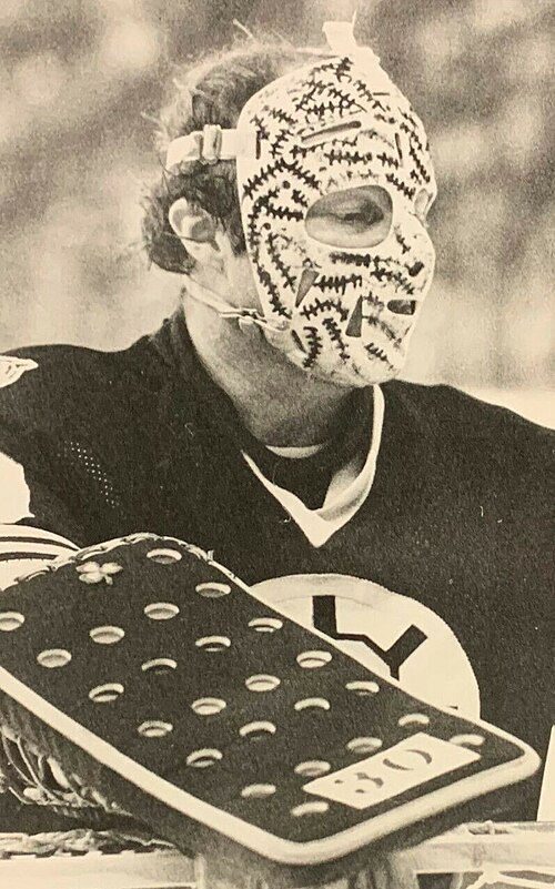 Cheevers wearing his distinctive mask with the Boston Bruins in 1980