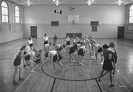 Girls' basketball game at Saskatoon Technical Collegiate circa 1932
