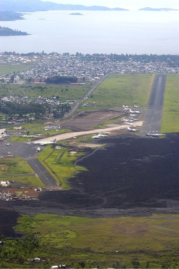 The runway covered in lava after the 2002 eruption