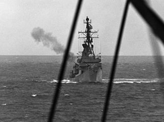 Perth firing on North Vietnamese targets, 23 February 1968. HMAS Perth (D 38) fires on North Vietnamese coastal defense sites in February 1968.jpg