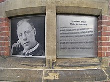 Monument to Harry Brearley at the former Brown Firth Research Laboratory in Sheffield, England Harry Brearley.jpg