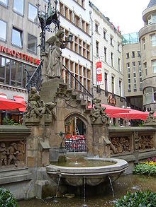 The Heinzelmannchen of Cologne left the city after a woman tried to see them by tripping them with peas strewn on the stairs. Heinzelmannchenbrunnen.JPG