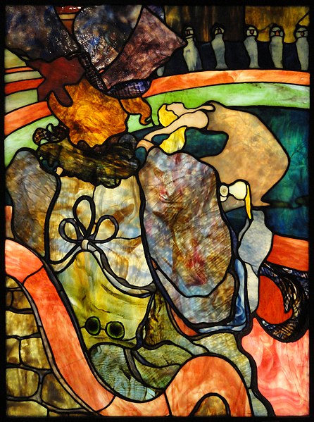 File:Henri de Toulouse-Lautrec, Louis Comfort Tiffany, Au Nouveau Cirque, Papa Chrysanthème, c.1894, stained glass, 120 x 85 cm, Musée d'Orsay, Paris.jpg