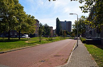 Hommelstraat met zicht op de sterflat aan de Heidebloemstraat