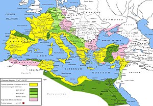Extent of the Roman Empire under Augustus. The yellow legend represents the extent of the Republic in 31 BC, the shades of green represent gradually conquered territories under the reign of Augustus, and pink areas on the map represent client states; areas under Roman control shown here were subject to change even during Augustus' reign, especially in Germania. Impero romano sotto Ottaviano Augusto 30aC - 6dC.jpg