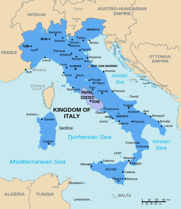 Kingdom of Italy in 1870, showing the Papal States, before the Capture of Rome