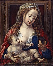 Virgin and Child (c. 1530) by Jan Gossaert: The exposed breast as symbolic of motherhood. Jan Gossaert - Maria mit dem Kind, um 1525-30, 650.jpg
