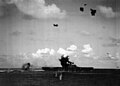 Japanese Aichi D3A crashes into USS Hornet (CV-8) during the Battle of the Santa Cruz Islands on 26 October 1942.jpg