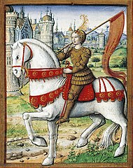 A human figure on horseback, with the horse pointing left. The figure is wearing armor and carrying an orange banner. The horse is white and has red accessories.
