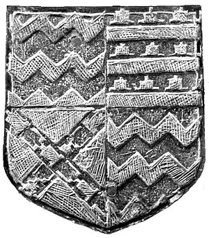 On a brass escutcheon on the monument to Sir John Basset (1462-1528) of Umberleigh in Atherington Church, possibly removed from the Umberleigh Chapel, the arms of Bassett Barry wavy of six or and gules (1st & 4th) quarter Beaumont (2nd quarter) and Willington (3rd quarter) JohnBassettArmsAtherington.JPG