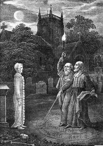 John Dee and Edward Kelley using a magic circle ritual to invoke a spirit in a church graveyard John Dee and Edward Keeley.jpg