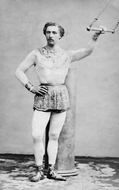 Jules Léotard, The Daring Young Man on the Flying Trapeze, performed his aerial act at the Alhambra.