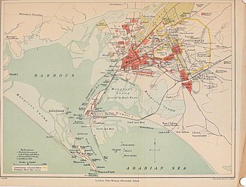 Map of Karachi (1911) with Manora Island, Karachi Harbour and the Keamari naval district Karachi map 1911.jpg