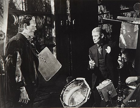 Boris Karloff, director James Whale, and cinematographer John J. Mescall on set of Bride of Frankenstein (1935).