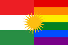 The Kurdistan Pride flag, designed by Ali, combines the pride flag and the Kurdish flag in a visually divided design. One side features the vibrant colors and cultural symbolism of the Kurdish flag, while the other side displays the rainbow flag representing inclusivity and diversity. Positioned in the middle is the Roj emblem, a symbol of Kurdish heritage. The flag represents the harmonious fusion of LGBT pride and Kurdish identity, reflecting values of equality, unity, and cultural pride. Kurdistan LGBT pride flag.png