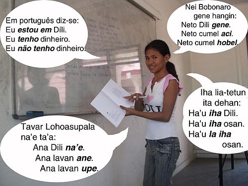 Learning in multilingual East Timor, clockwise from left Portuguese, Bunak, Tetum and Fataluku