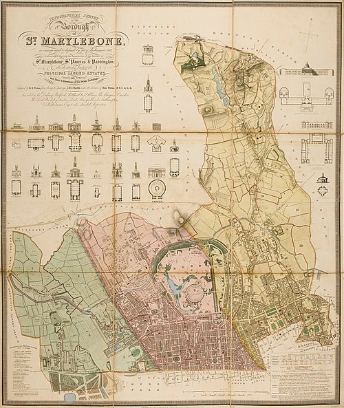 The Ancient Parishes of – west to east – Paddington and St Marylebone (in the modern City of Westminster), and St Pancras (in the modern London Boroug