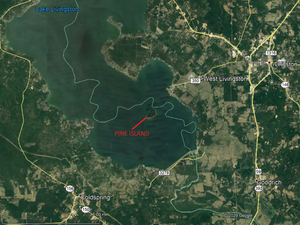 Lake Livingston, Texas; showing the location of Pine Island