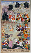 Lava and Kushu engage Lakshmana in battle. Artist: Makara, Edwin collection