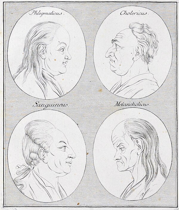 The four humors as depicted in an 18th-century woodcut: phlegmatic, choleric, sanguine and melancholic