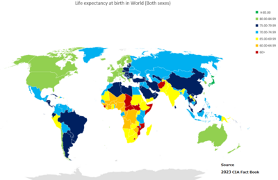 2020 life expectancy estimates by the CIA World Factbook
>= 85.0
80.0 - 84.9
75.0 - 79.9
70.0 - 74.9
65.0 - 69.9
60.0 - 64.9
< 60.0
no data Life expectancy at birth (Both sexes) CIA factbook.png