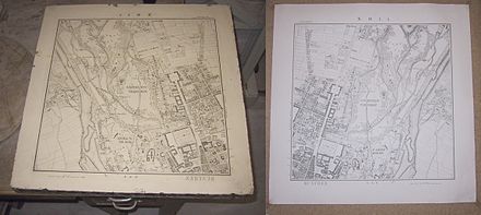 Lithography stone and mirror image print of a map of Munich