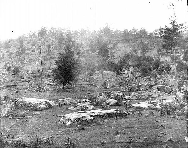 Little Round Top, western slope, photographed by Timothy H. O'Sullivan (1863).