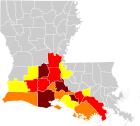 Přibližné rozšíření louisianská kreolštiny ve státě Louisiana, hnědá značí 20-30%, červená 15-20%, oranžová 10-15%, žlutá 4-10% a šedá méně než 4%