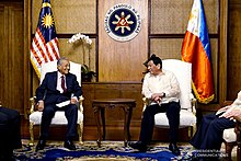 Philippine President Duterte in a meeting with Mahathir in the Malacanang Palace in 2019 Mahathir and Duterte bilateral meeting.jpg