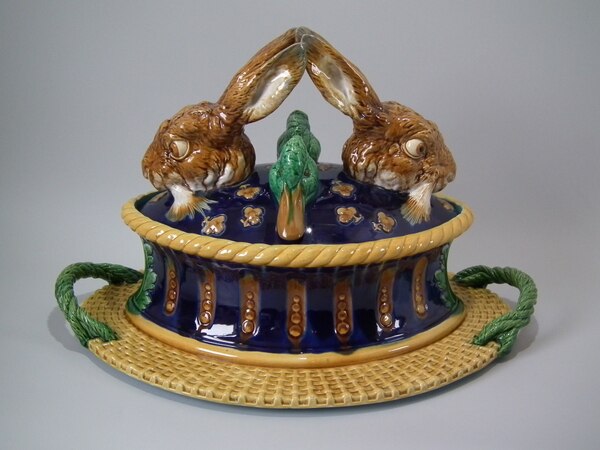 Minton majolica game pie dish, lead-glazed earthenware, c. 1875, an iconic example of High Victorian appetite for innovation with humour/whimsy, colou