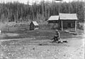 Man sitting in front of a log cabin at Longmire Springs, ca 1897 (SARVANT 39).jpeg