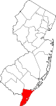 Mapa de Nova Jersey coa localización do condado de Cape May