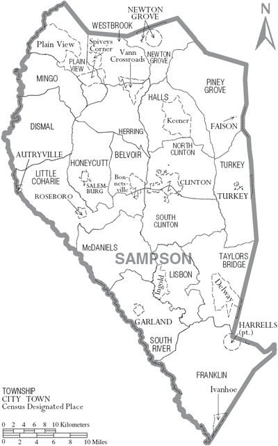 Map of Sampson County, North Carolina With Municipal and Township Labels