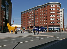 Superlambanana at its current location, facing the Marybone student village, and Vauxhall Road. Marybone 1, Liverpool.jpg