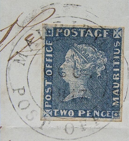 File:Mauritius Two Pence Briefmarke mit Stempel Post Office Mauritius.jpg