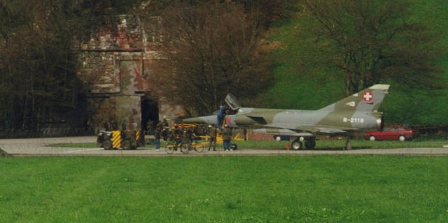 A Mirage IIIRS in front of an aircraft cavern in Buochs Airport, Switzerland