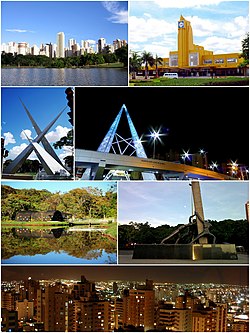 Top left:Vaca Brava Park and St Bueno area, Top right:Memorial site of Goiânia Train Station in Estacao Park, 2nd left:Monument of Tres Marcos in Latif Sebba Square, 2nd right:Night view of Joao Alaves Queiroz Viaduct, 3rd left:Goiânia Botanical Garden, 3rd right:Monument of Tres Racas in Goiânia Civic Square, Bottom:Night view of downtown Goiânia