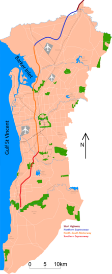 The upgraded North-South Corridor spanning over 100km from Old Noarlunga in the outer southern metropolitan Adelaide suburbs through to Nuriootpa in the inner northern rural area around the Barossa Valley, aiming to be stop-free by 2030. NSC Area Map.png