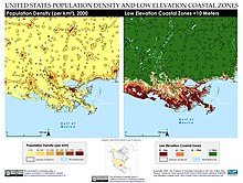 Population density and low elevation coastal zones in Louisiana New Orleans, Louisiana, United States of America Population Density and Low Elevation Coastal Zones (5457913950).jpg