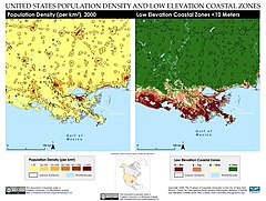 Image 31Population density and low elevation coastal zones in the Mississippi River Delta. The Mississippi River Delta is especially vulnerable to sea level rise. (from Louisiana)