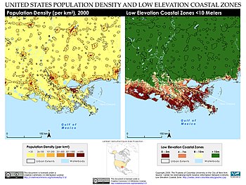 Population density and low elevation coastal zones in the Mississippi River Delta. The Mississippi River Delta is especially vulnerable to sea level rise.