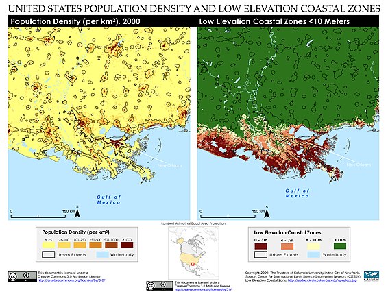 Population density and low elevation coastal zones in the Mississippi River Delta. The Mississippi River Delta is especially vulnerable to sea level rise.