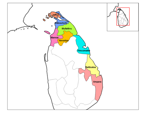 All of Sri Lanka's campaign medals (as at December 2020) center around those that were part of the Sri Lankan Civil War. As such, the campaigns took place in the North and East of the island, shown here