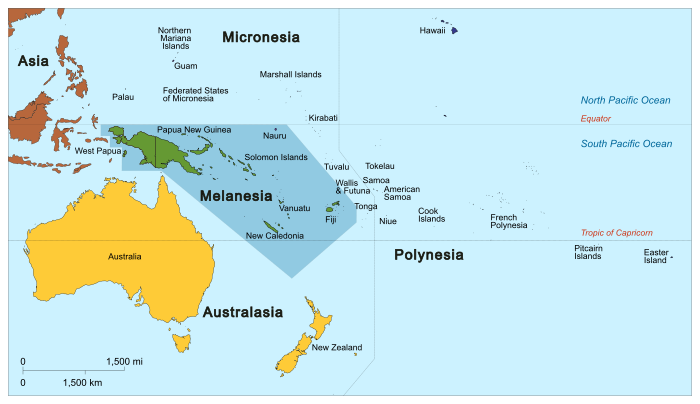 Regions of Oceania: Australasia, Polynesia, Micronesia, and Melanesia. Australasia include the Australian landmass (including Tasmania), New Zealand, and New Guinea.