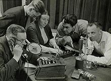 Recording a radio play in the Netherlands (1949; Spaarnestad Photo) Opname van een hoorspel Recording a radio play.jpg