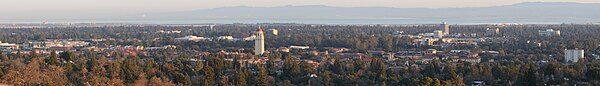 View of the Hoover Institution's headquarters, including the Hoover Tower, among the Stanford University campus